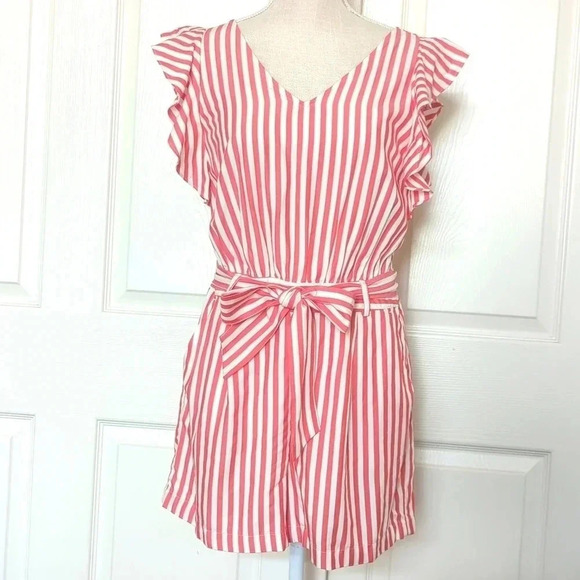 Ann Taylor LOFT Striped Flutter Tie Waist Red White Romper - Picture 5 of 9